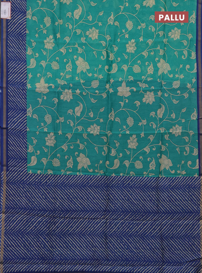 Chanderi silk cotton saree teal blue and blue with allover kalmakari prints and zari woven border