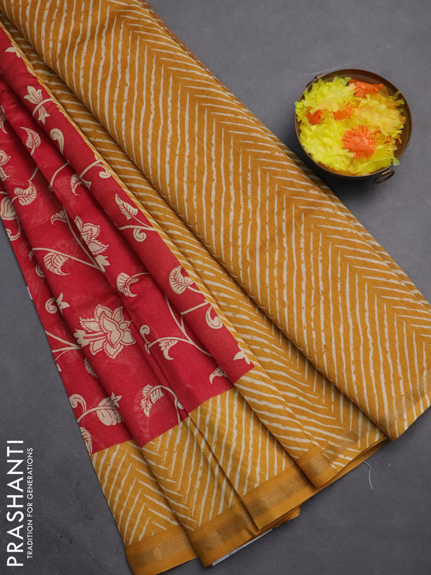Chanderi silk cotton saree red and dark mustard with allover kalmakari prints and zari woven border