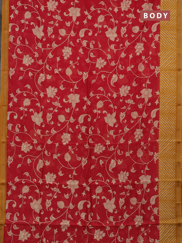 Chanderi silk cotton saree red and dark mustard with allover kalmakari prints and zari woven border