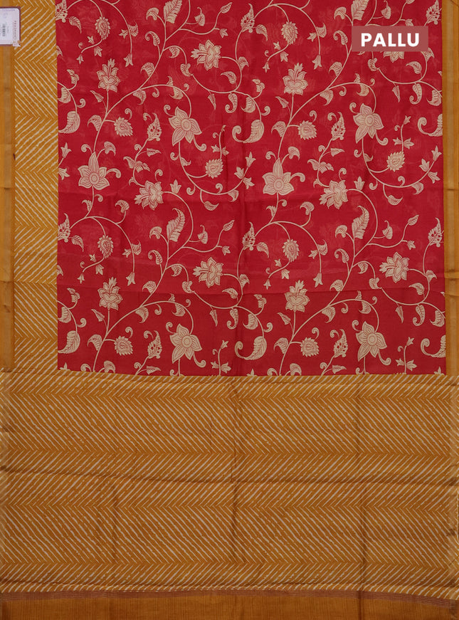 Chanderi silk cotton saree red and dark mustard with allover kalmakari prints and zari woven border