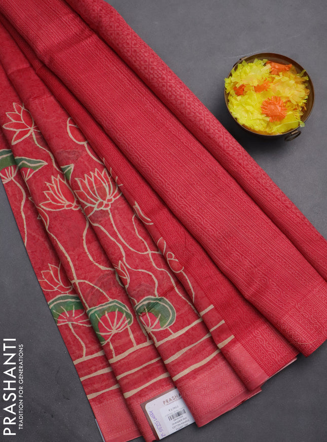 Chanderi silk cotton saree peach pink with pichwai prints and thread woven border