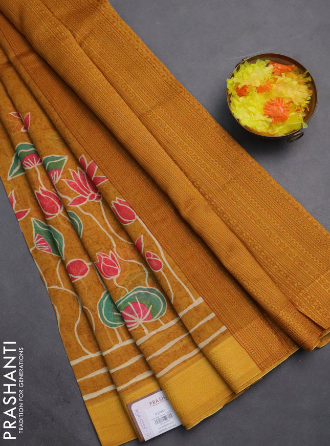 Chanderi silk cotton saree dark mustard with pichwai prints and thread woven border