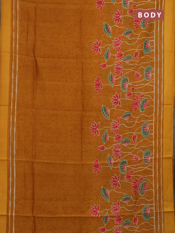 Chanderi silk cotton saree dark mustard with pichwai prints and thread woven border
