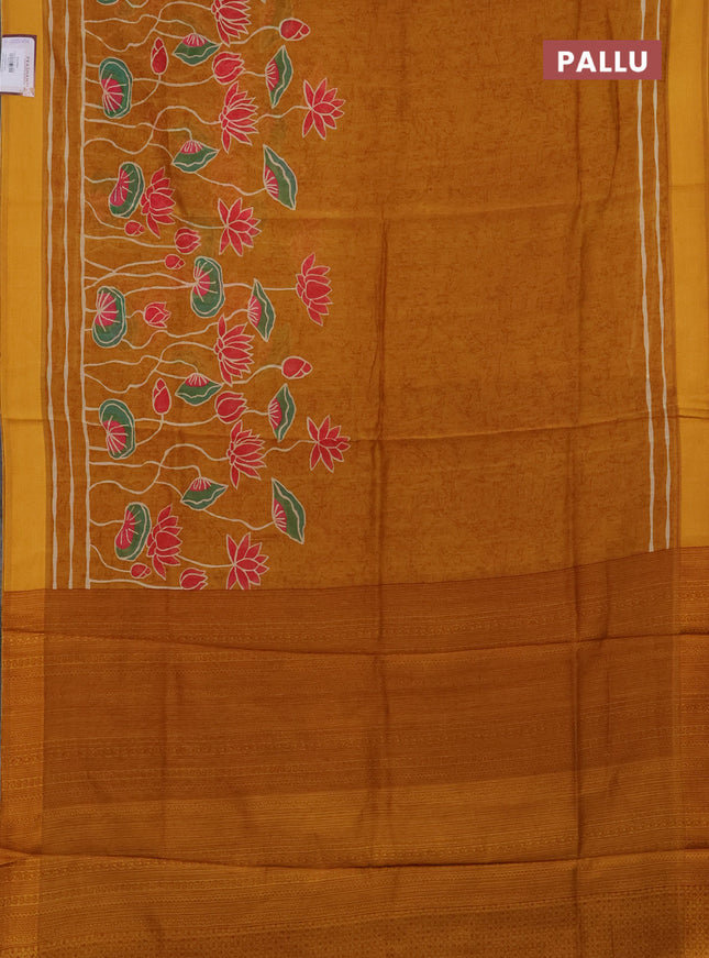 Chanderi silk cotton saree dark mustard with pichwai prints and thread woven border