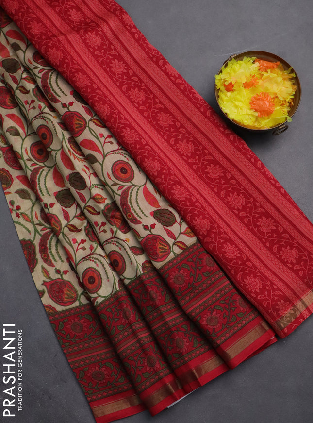 Chanderi silk cotton saree beige and red with allover kalamkari prints and printed zari border