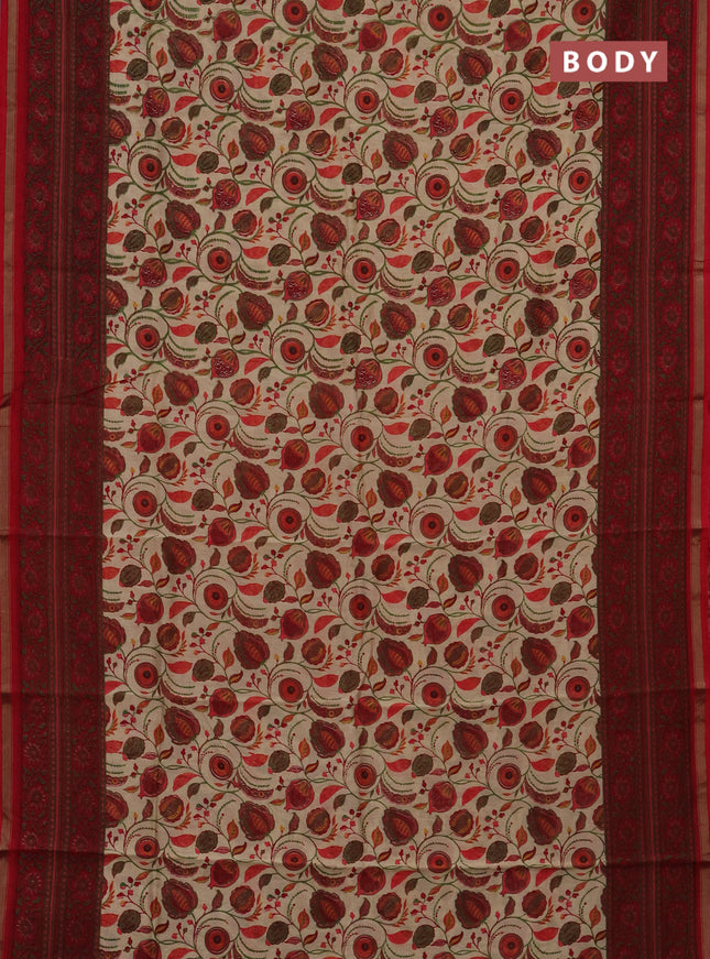 Chanderi silk cotton saree beige and red with allover kalamkari prints and printed zari border