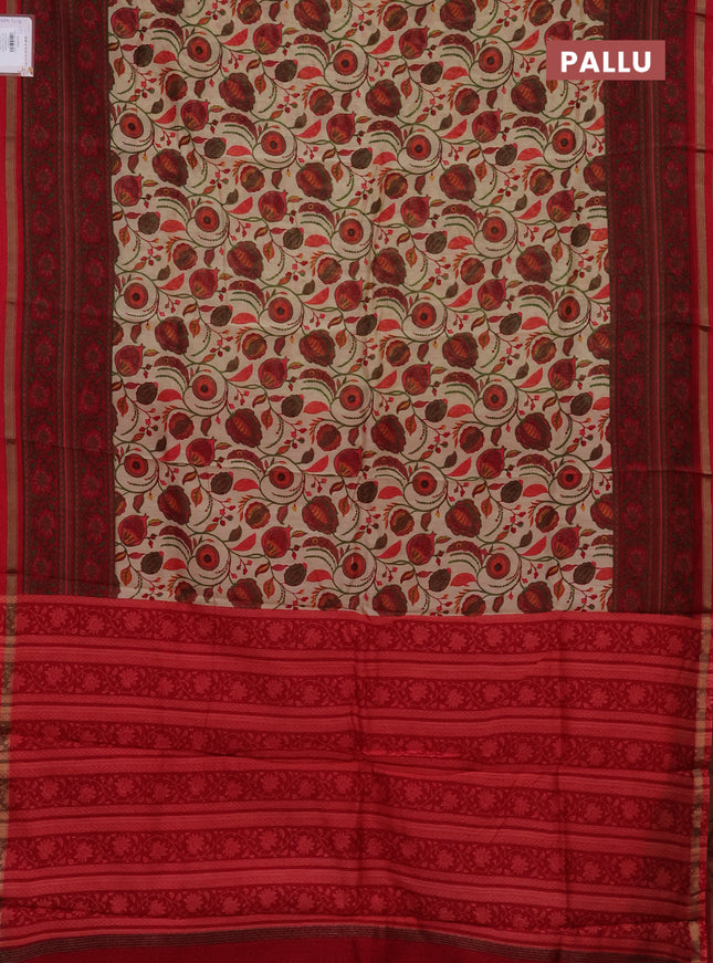 Chanderi silk cotton saree beige and red with allover kalamkari prints and printed zari border