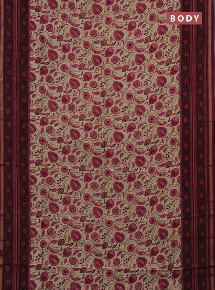Chanderi silk cotton saree beige and dark magenta pink with allover kalamkari prints and printed zari border