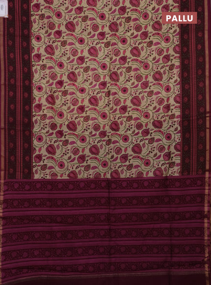 Chanderi silk cotton saree beige and dark magenta pink with allover kalamkari prints and printed zari border