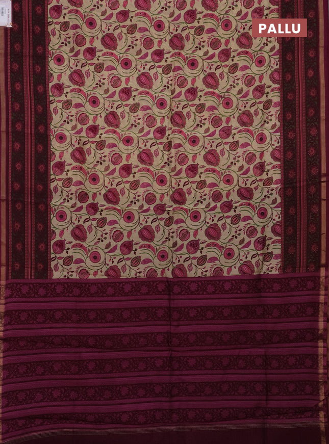 Chanderi silk cotton saree beige and dark magenta pink with allover kalamkari prints and printed zari border