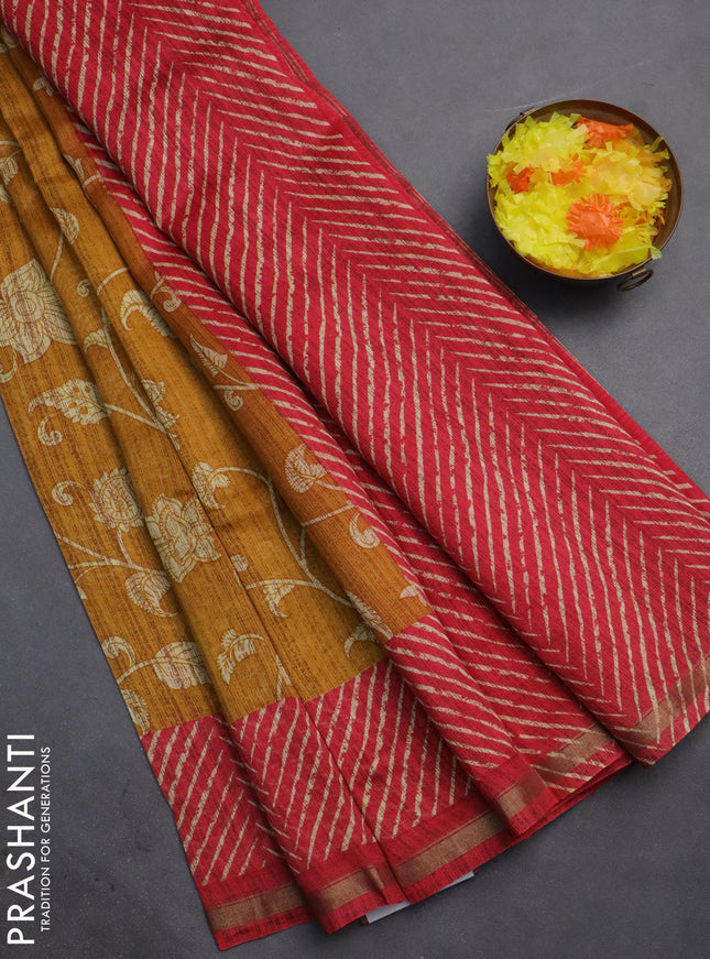 Chanderi silk cotton saree dark mustard and red shade with allover kalamkari prints and printed zari border