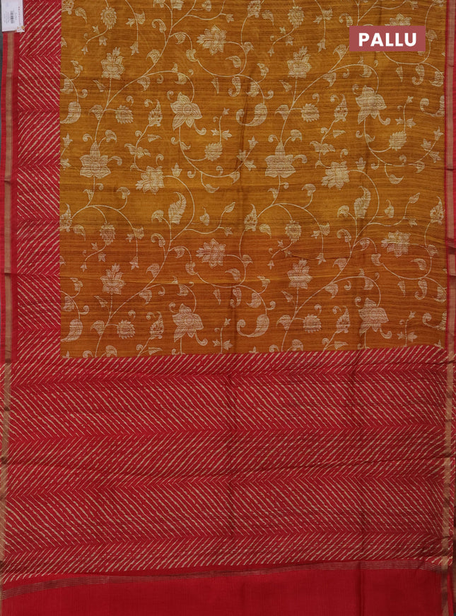 Chanderi silk cotton saree dark mustard and red shade with allover kalamkari prints and printed zari border