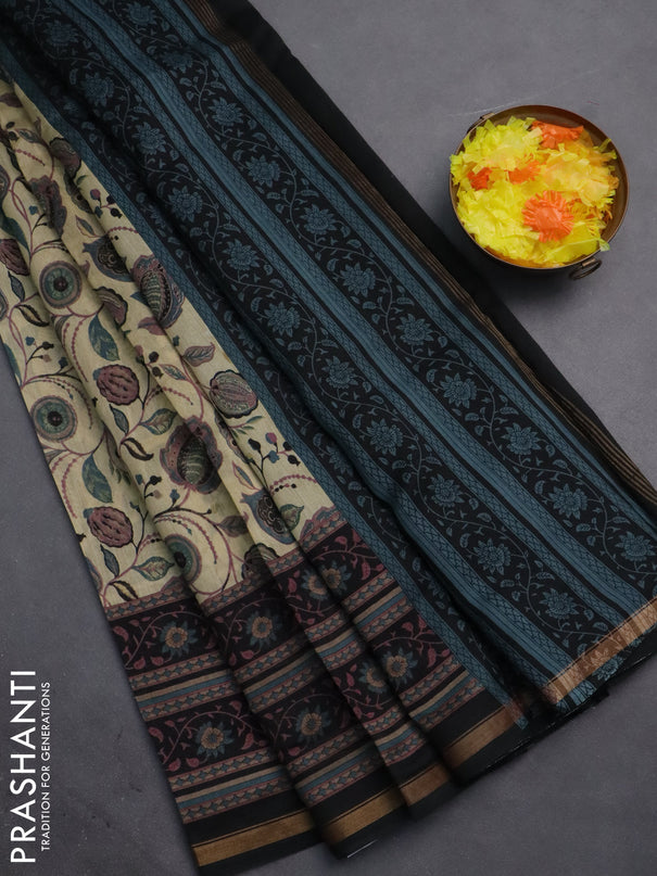 Chanderi silk cotton saree beige and black with allover kalamkari prints and printed zari border