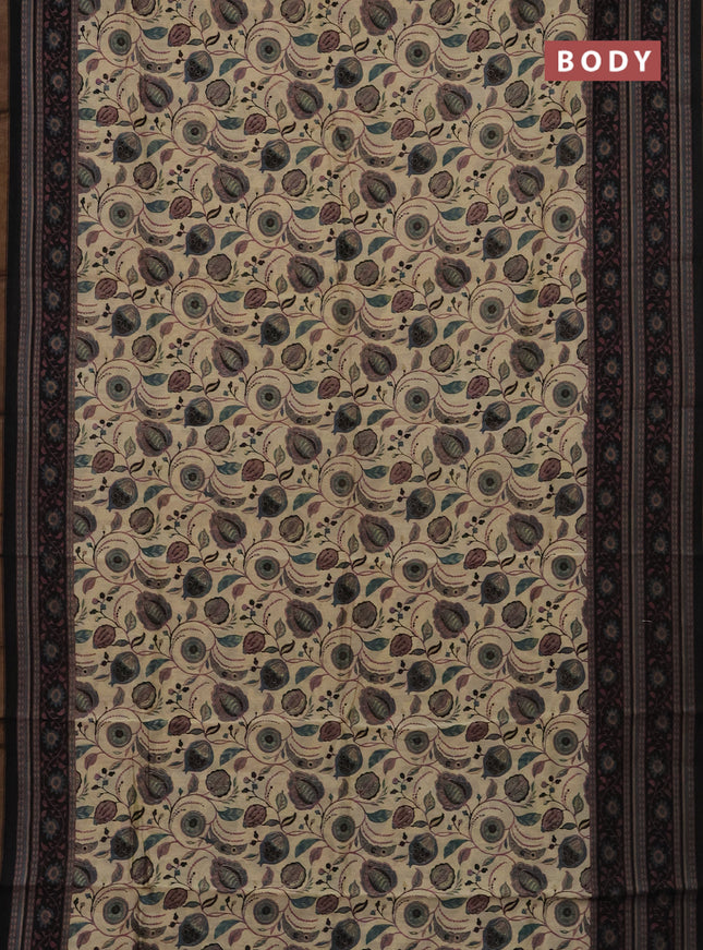 Chanderi silk cotton saree beige and black with allover kalamkari prints and printed zari border
