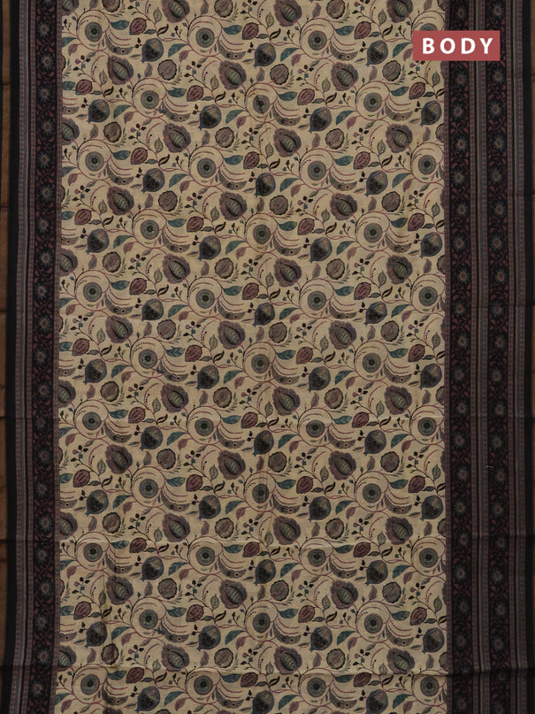 Chanderi silk cotton saree beige and black with allover kalamkari prints and printed zari border