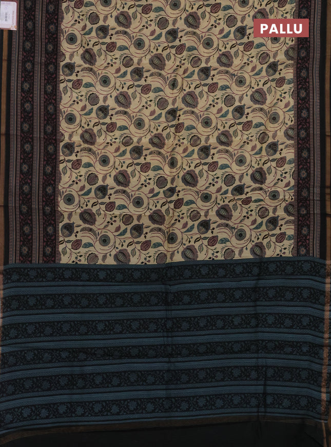 Chanderi silk cotton saree beige and black with allover kalamkari prints and printed zari border