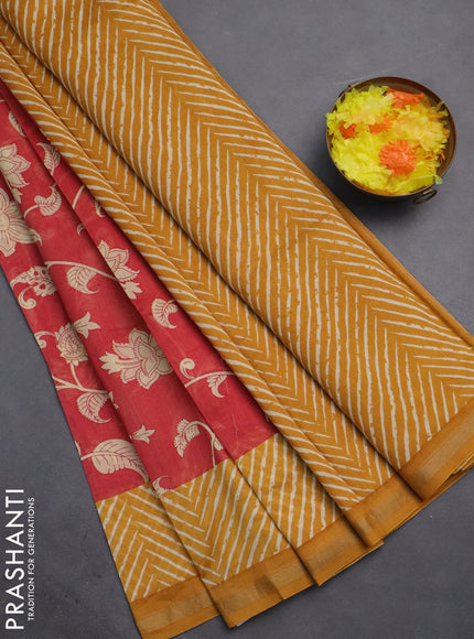 Chanderi silk cotton saree red and mustard yellow with allover kalamkari prints and printed zari border