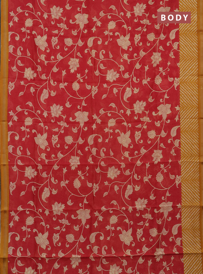 Chanderi silk cotton saree red and mustard yellow with allover kalamkari prints and printed zari border
