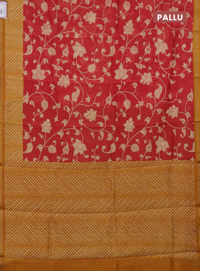 Chanderi silk cotton saree red and mustard yellow with allover kalamkari prints and printed zari border