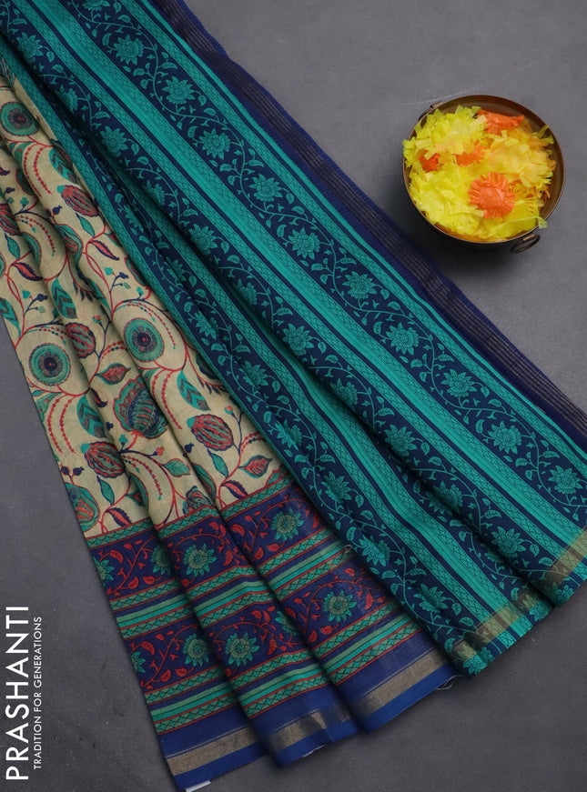 Chanderi silk cotton saree beige and blue with allover kalamkari prints and printed zari border