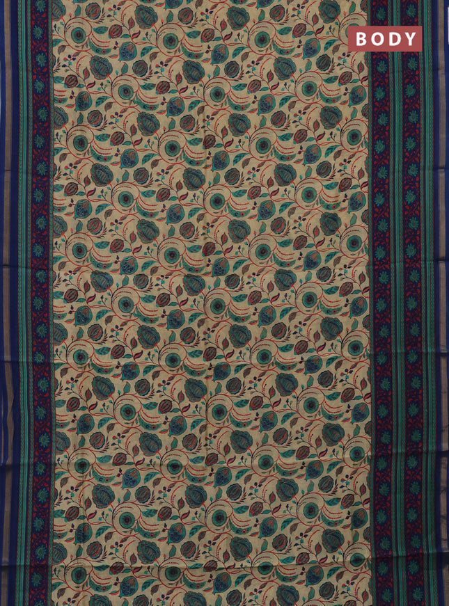Chanderi silk cotton saree beige and blue with allover kalamkari prints and printed zari border