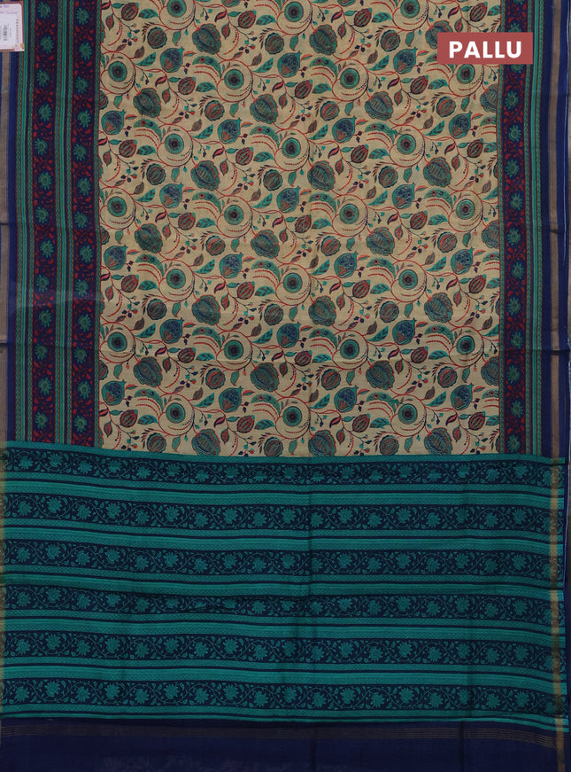 Chanderi silk cotton saree beige and blue with allover kalamkari prints and printed zari border