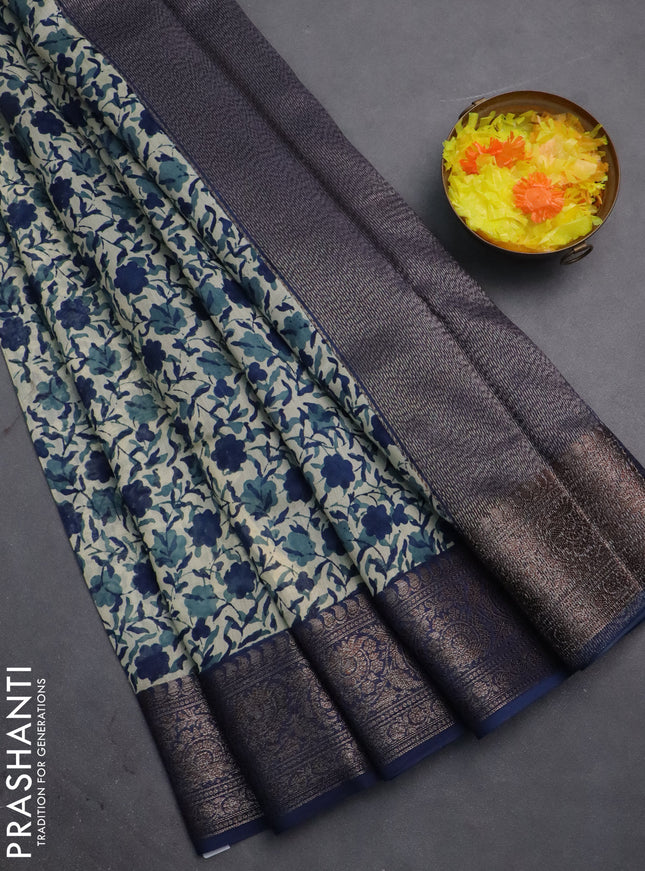 Chanderi silk cotton saree cream and peacock blue with allover prints and banarasi style border
