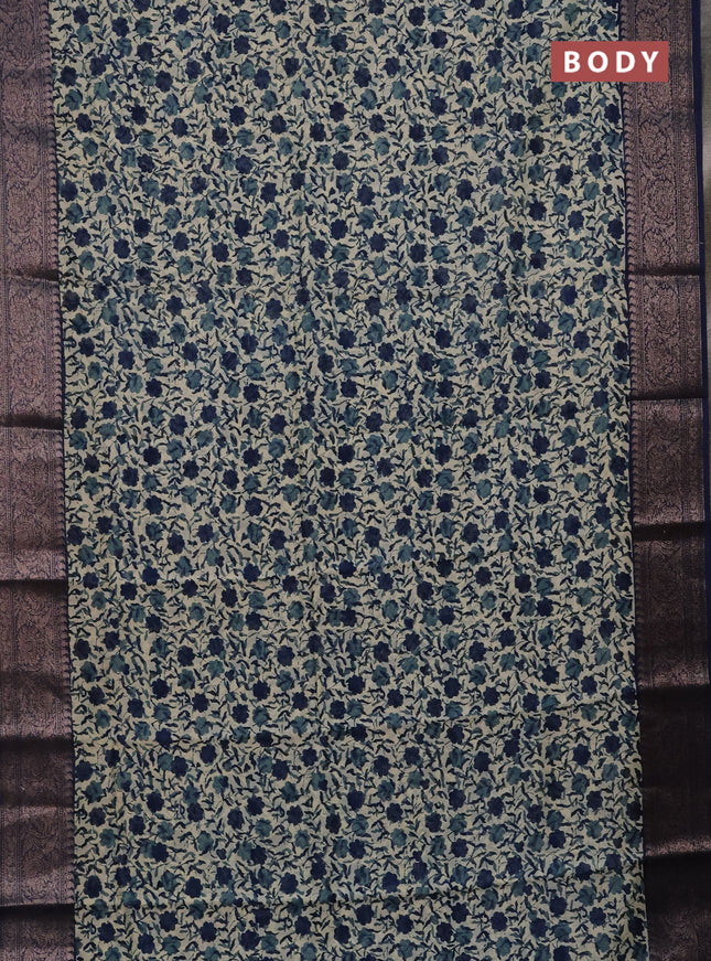 Chanderi silk cotton saree cream and peacock blue with allover prints and banarasi style border