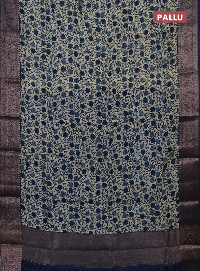 Chanderi silk cotton saree cream and peacock blue with allover prints and banarasi style border