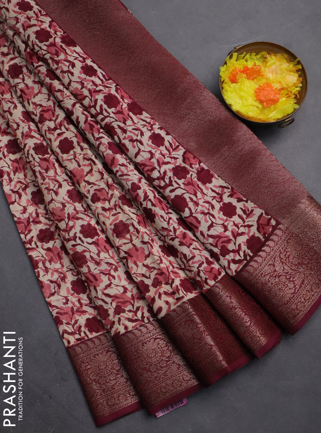 Chanderi silk cotton saree cream and maroon with allover prints and banarasi style border