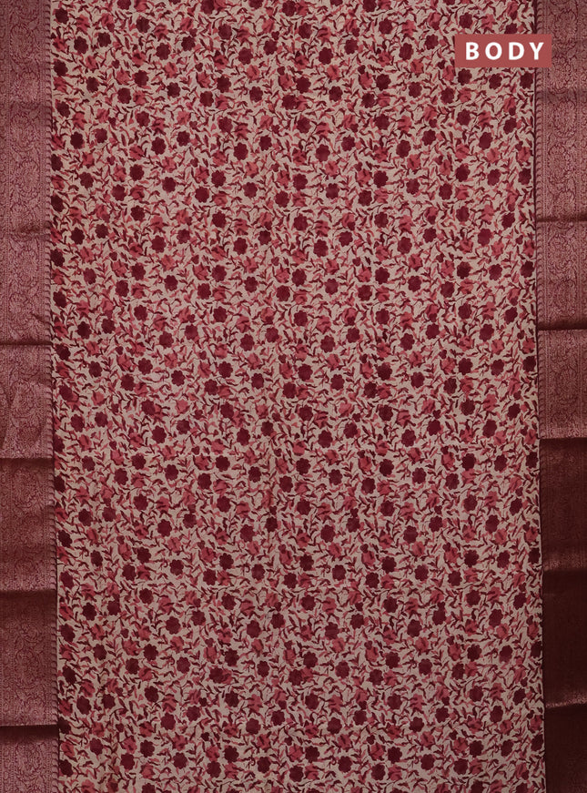 Chanderi silk cotton saree cream and maroon with allover prints and banarasi style border