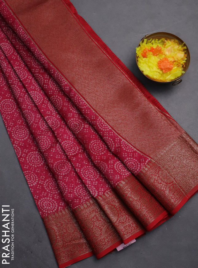 Chanderi silk cotton saree pink and red with allover prints and banarasi style border