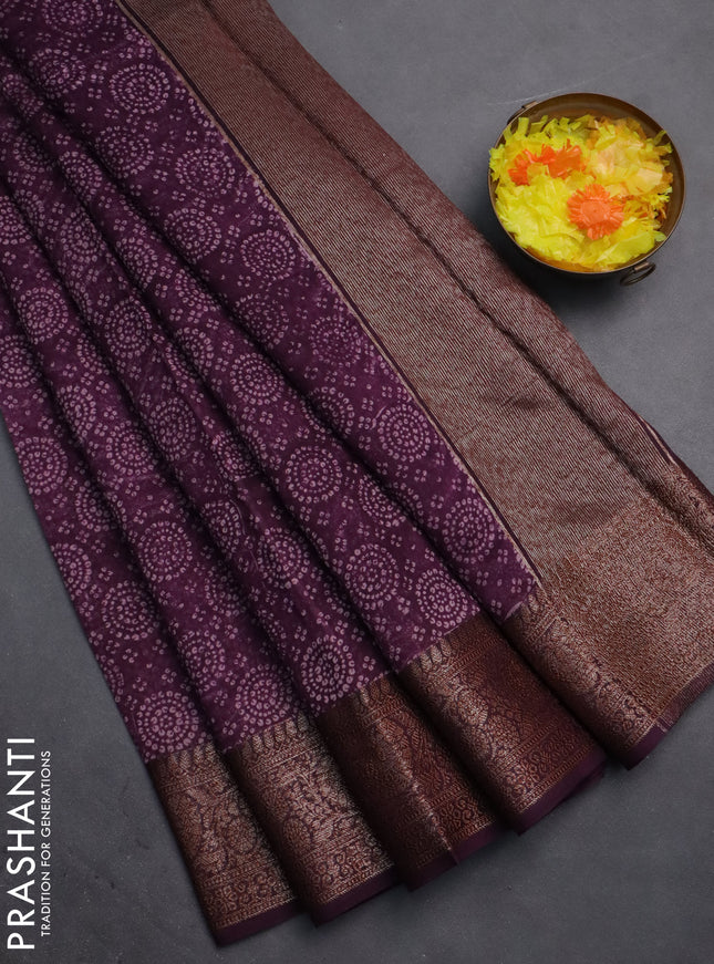 Chanderi silk cotton saree purple with allover prints and banarasi style border