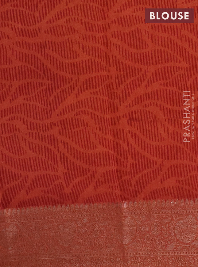 Chanderi silk cotton saree dark mustard and rust shade with allover prints and banarasi style border