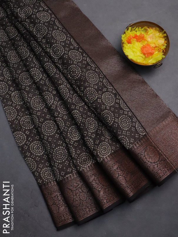 Chanderi silk cotton saree black with allover prints and banarasi style border