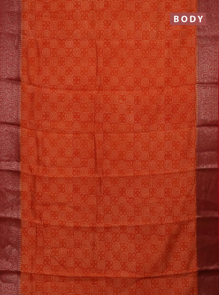 Chanderi silk cotton saree orange and red with allover prints and banarasi style border