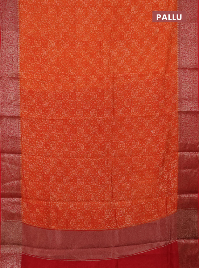 Chanderi silk cotton saree orange and red with allover prints and banarasi style border