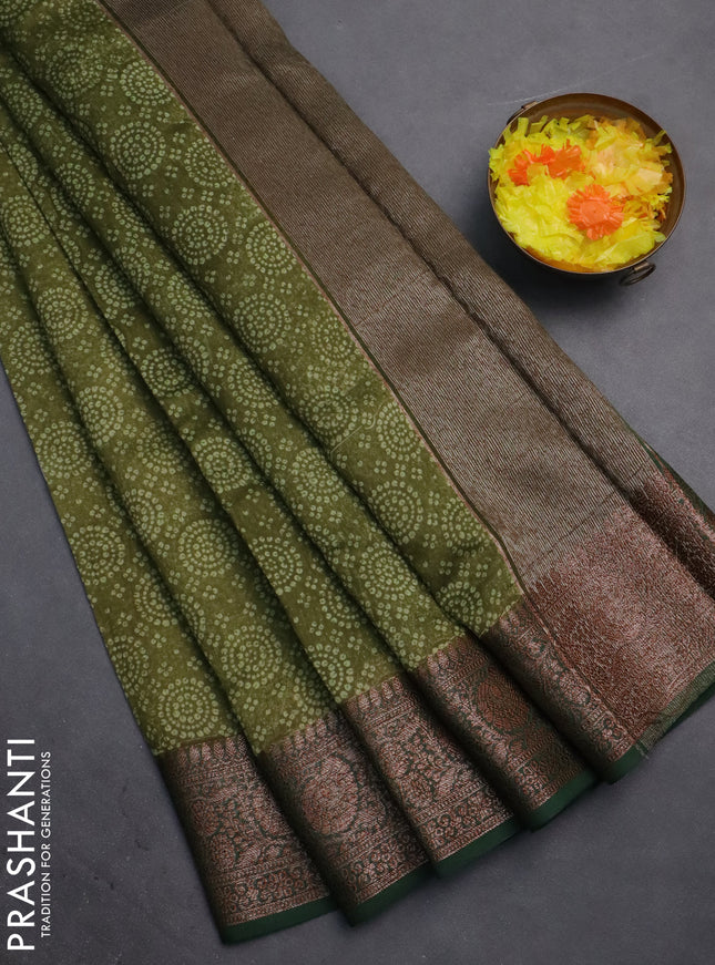 Chanderi silk cotton saree mehendi green and green with allover prints and banarasi style border