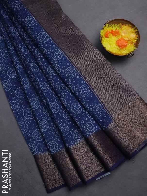 Chanderi silk cotton saree blue with allover prints and banarasi style border