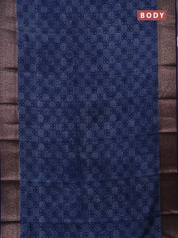 Chanderi silk cotton saree blue with allover prints and banarasi style border