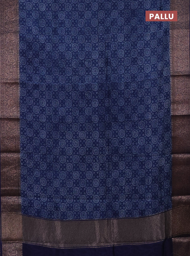 Chanderi silk cotton saree blue with allover prints and banarasi style border