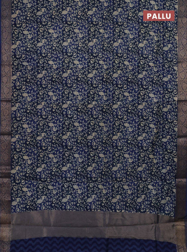 Chanderi silk cotton saree blue with allover kalamkari prints and banarasi style border