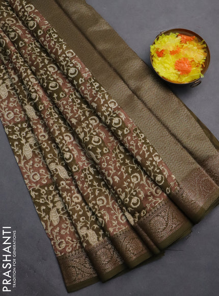 Chanderi silk cotton saree brown and mehendi green with allover kalamkari prints and banarasi style border