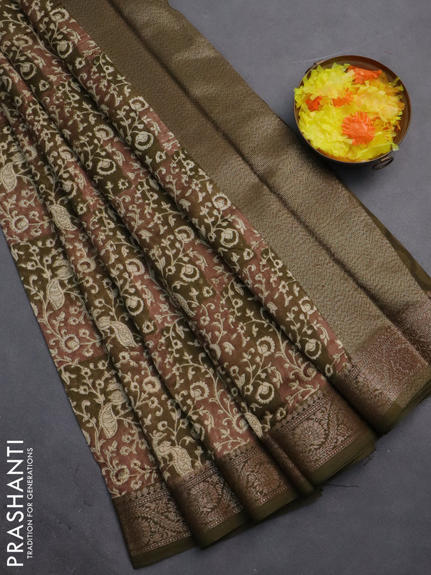Chanderi silk cotton saree brown and mehendi green with allover kalamkari prints and banarasi style border