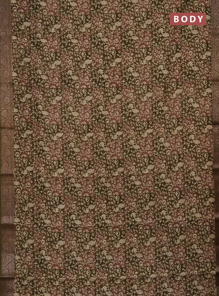 Chanderi silk cotton saree brown and mehendi green with allover kalamkari prints and banarasi style border