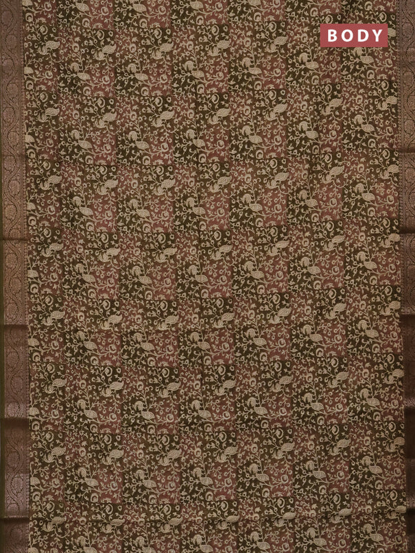 Chanderi silk cotton saree brown and mehendi green with allover kalamkari prints and banarasi style border