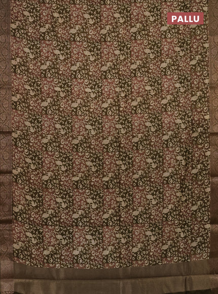 Chanderi silk cotton saree brown and mehendi green with allover kalamkari prints and banarasi style border