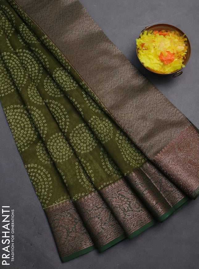 Chanderi silk cotton saree mehendi green with allover bandhani prints and banarasi style border