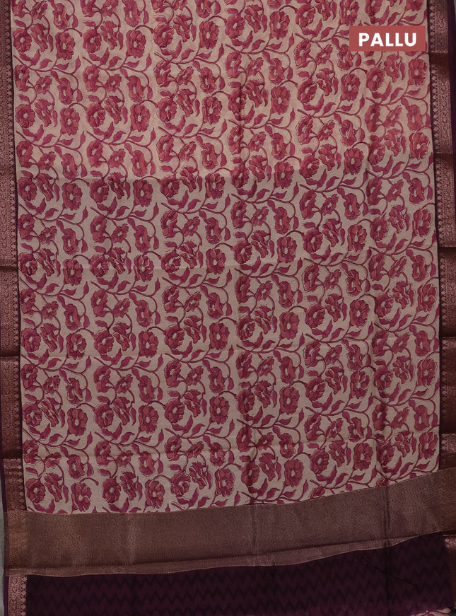 Chanderi silk cotton saree beige pink and wine shade with allover floral prints and banarasi style border