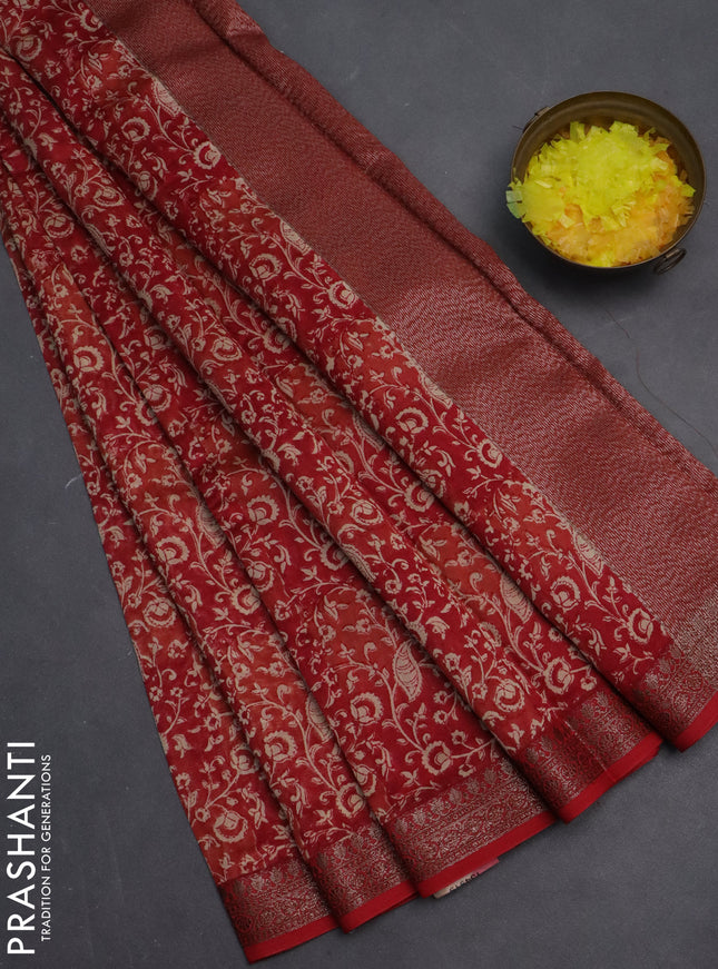 Chanderi silk cotton saree red shade with allover kalamkari prints and banarasi style border